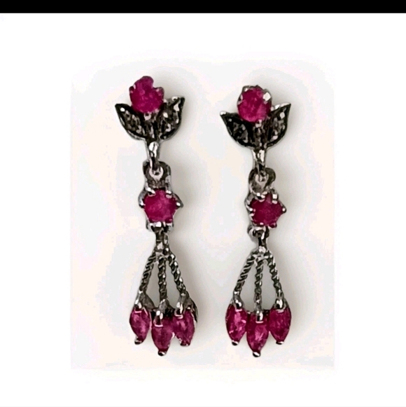 Vintage Silver Genuine Ruby Floral Bud Dangle Chandelier Earrings - Picture 2 of 5